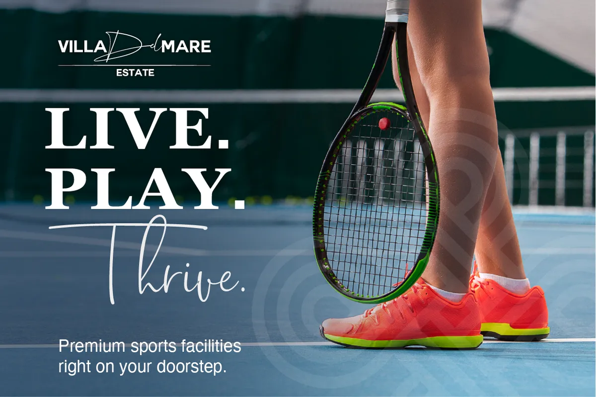 Villa Del Mare Estate promotional cover featuring a tennis player on court with the headline "Live. Play. Thrive." highlighting the estate's premium sports facilities, wellness lifestyle and vibrant community in Langebaan.