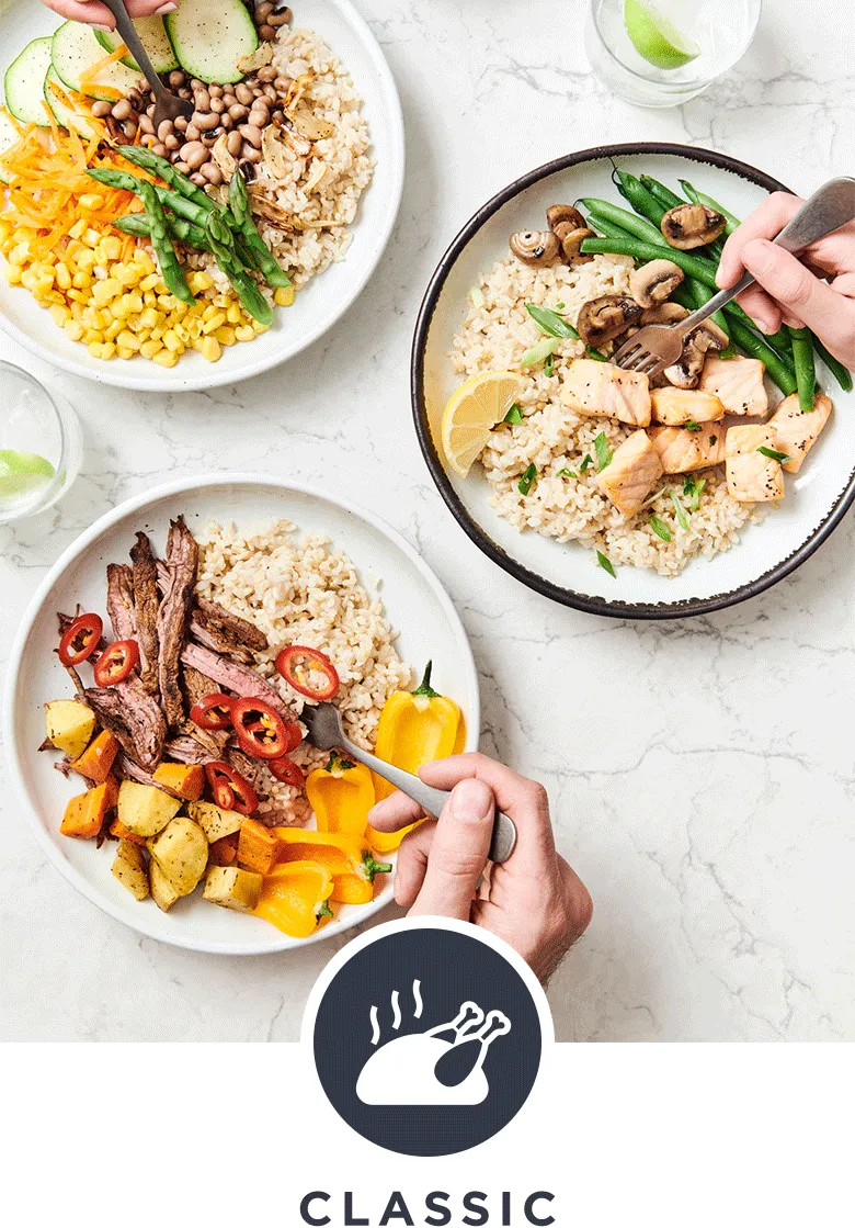 Three hands eating 3 fresh healthy family rice bowls on a white marble table from above