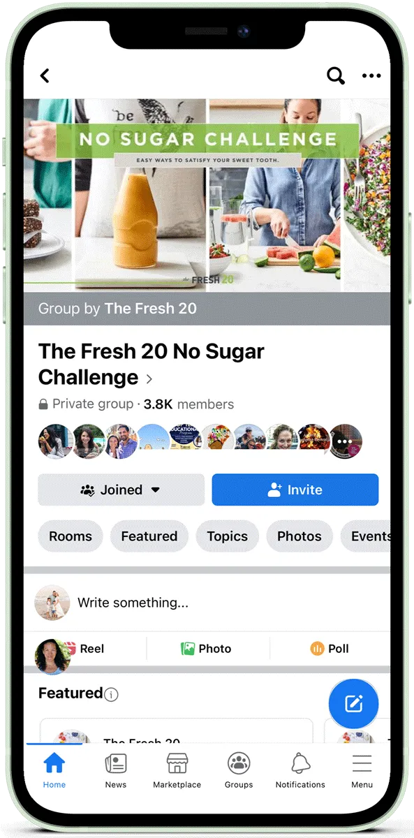 iPhone with image of a no sugar challenge facebook group
