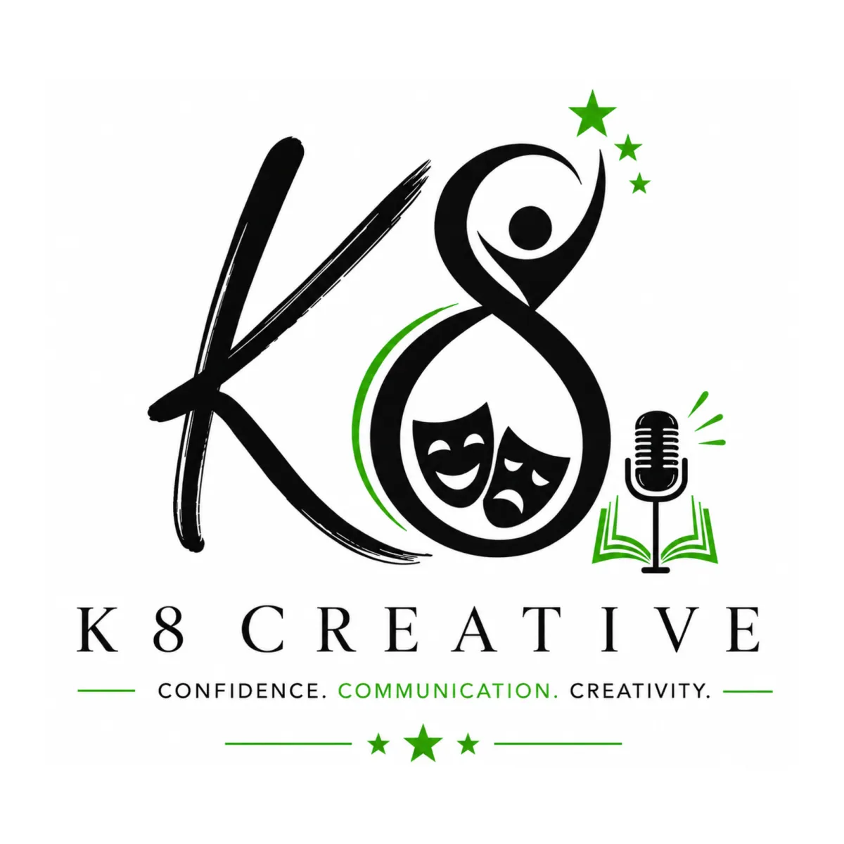 K8 Creative logo featuring theatre masks, microphone and green stars
