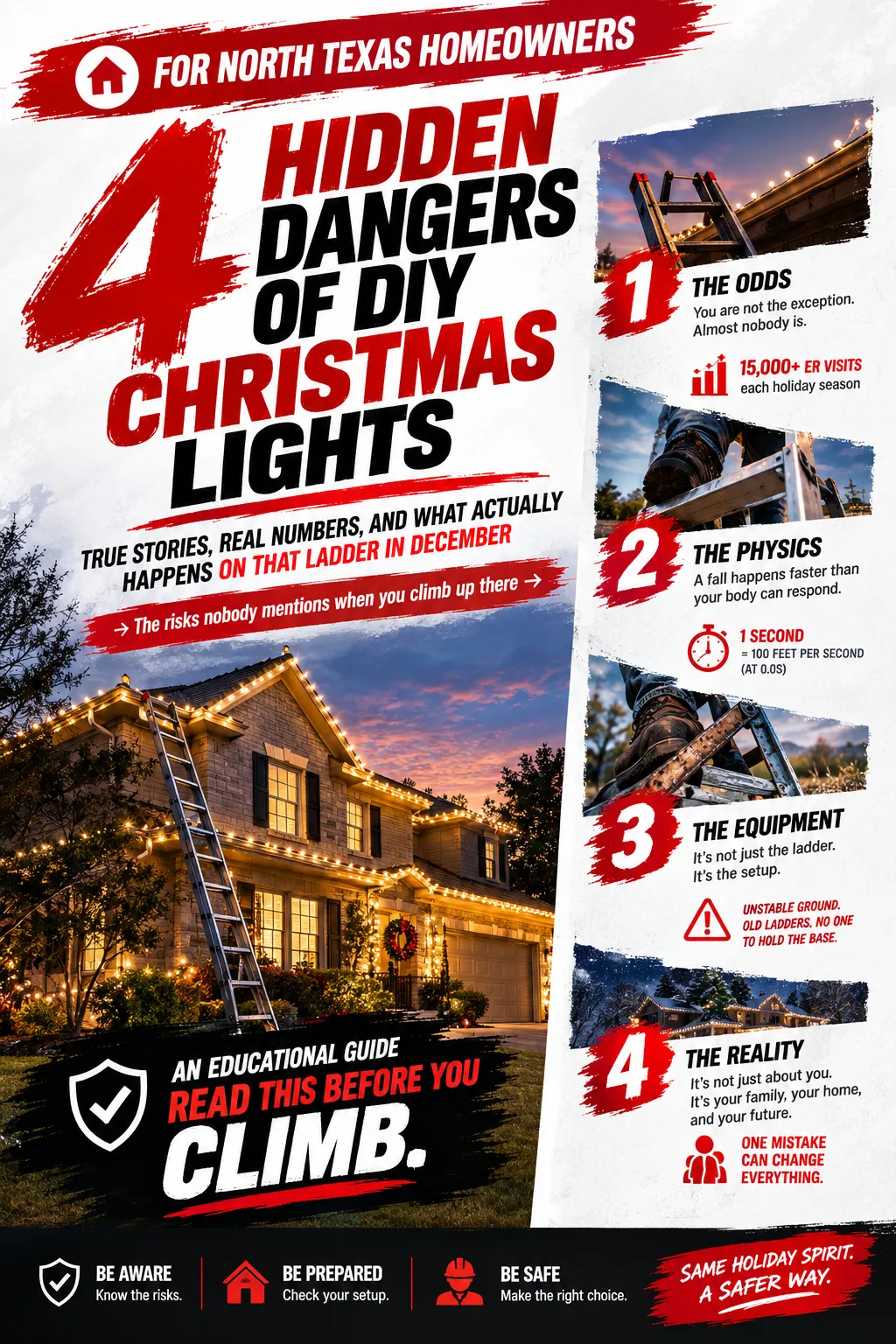 Infographic or back cover of the educational guide titled '4 Hidden Dangers of DIY Christmas Lights' showing a summary of the 4 dangers with small graphics.