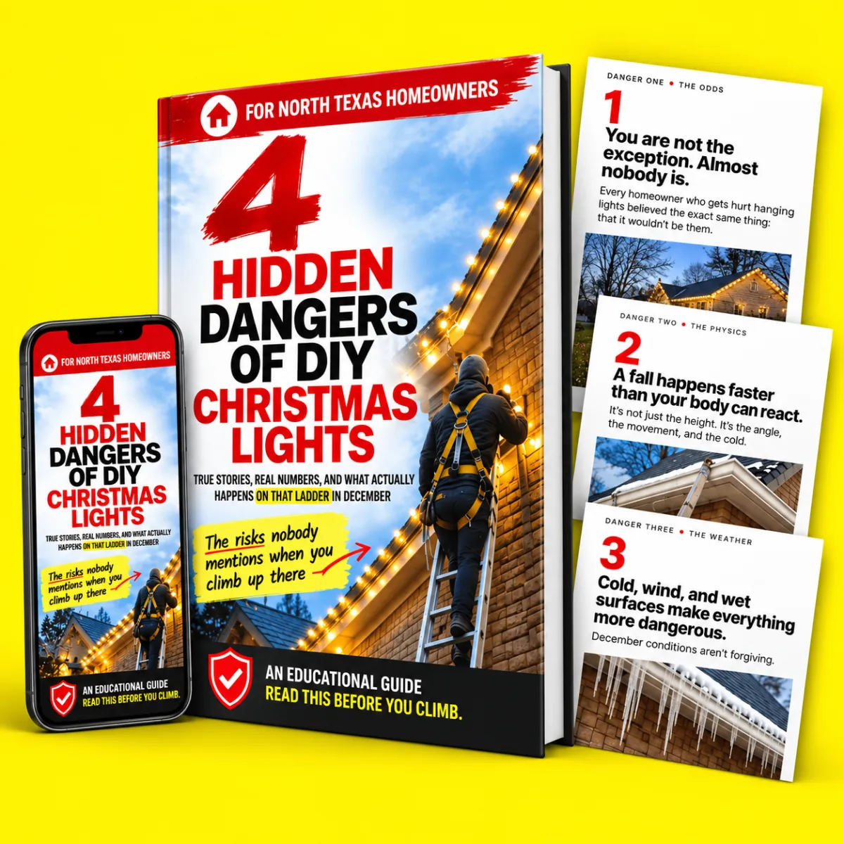 Cover of an educational guide titled '4 Hidden Dangers of DIY Christmas Lights' featuring a man climbing a ladder in the dark while holding a string of lights.