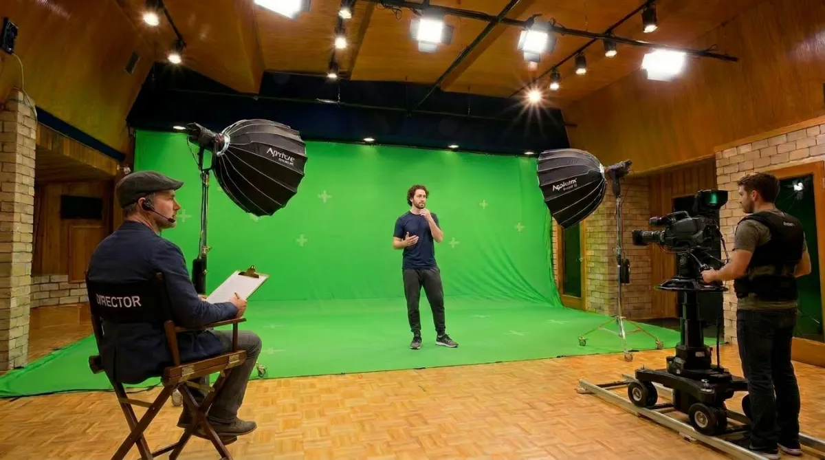 Pre-lit green screen studio set with broadcast lighting and camera crew at Signature Sound Studios