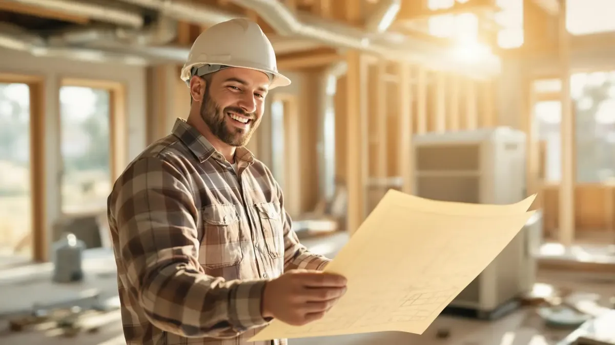 Person in hard hat reviews blueprints at construction site, showcasing a warm, sunlit environment, highlighting new construction HVAC potential.
