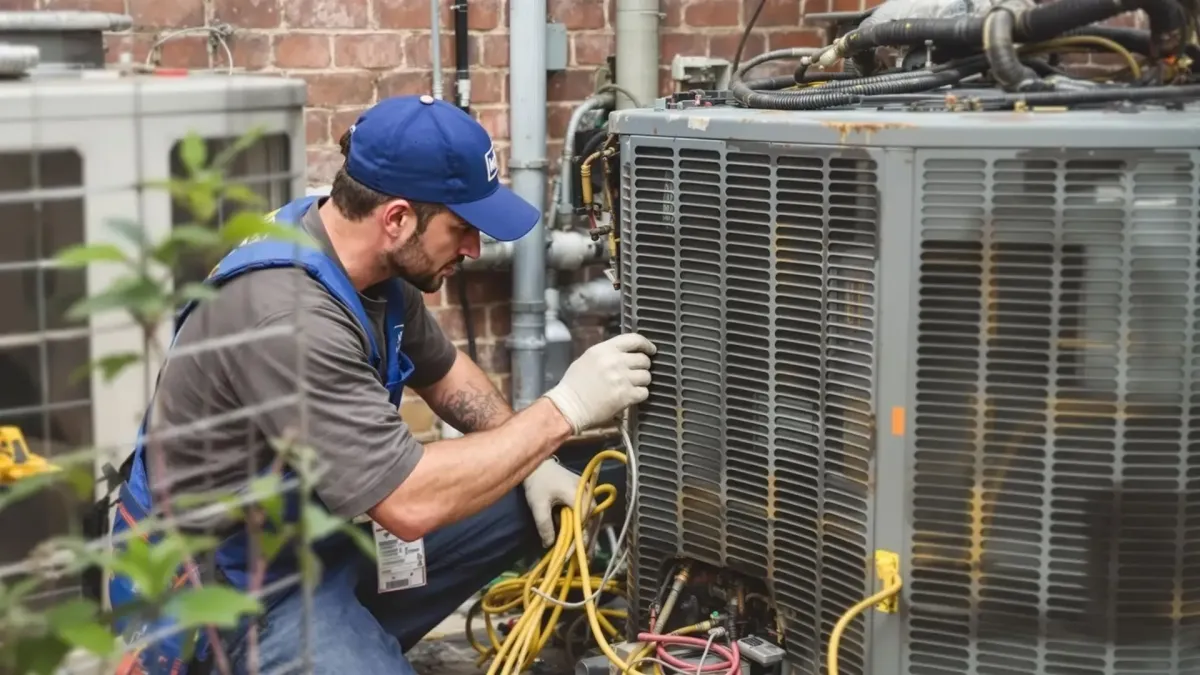 a hvac technician in uniform fixing an a/c unit