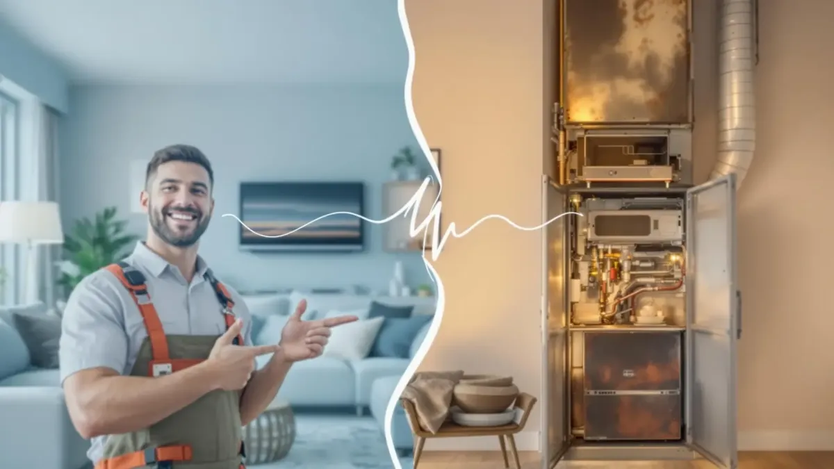A man in a living room points to an open heating unit; suggests HVAC Brampton services for home comfort improvements.