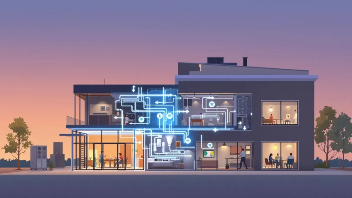 Illustration of a modern two-story house with a smart home system overlay, showing HVAC units and various indoor activities against a sunset backdrop.