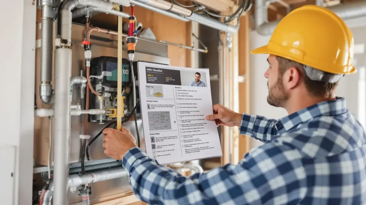 Person in yellow hard hat inspecting HVAC system with checklist in utility room, focusing on HVAC quality inspection and planning.