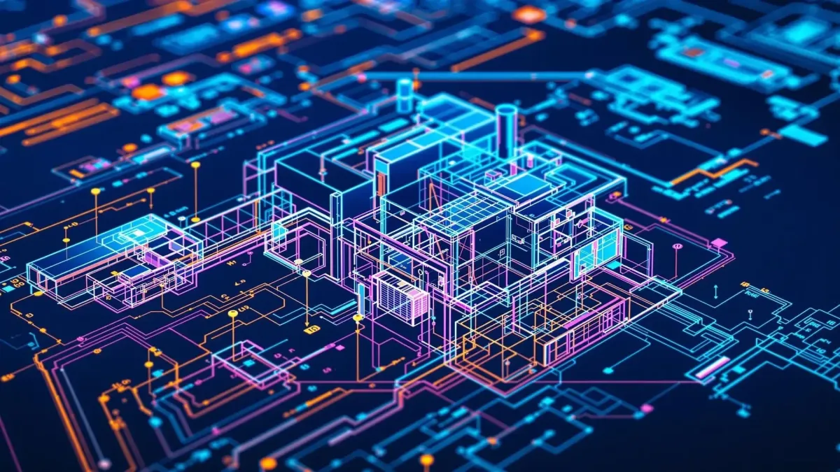 A futuristic 3D wireframe blueprint with neon colors, symbolizing HVAC efficiency and commercial system upgrades.