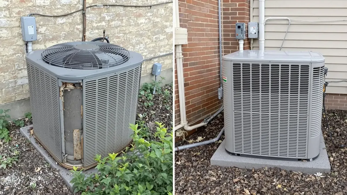 Old rusty air conditioning unit next to a new, efficient model showcasing HVAC upgrades and maintenance in a commercial setting.