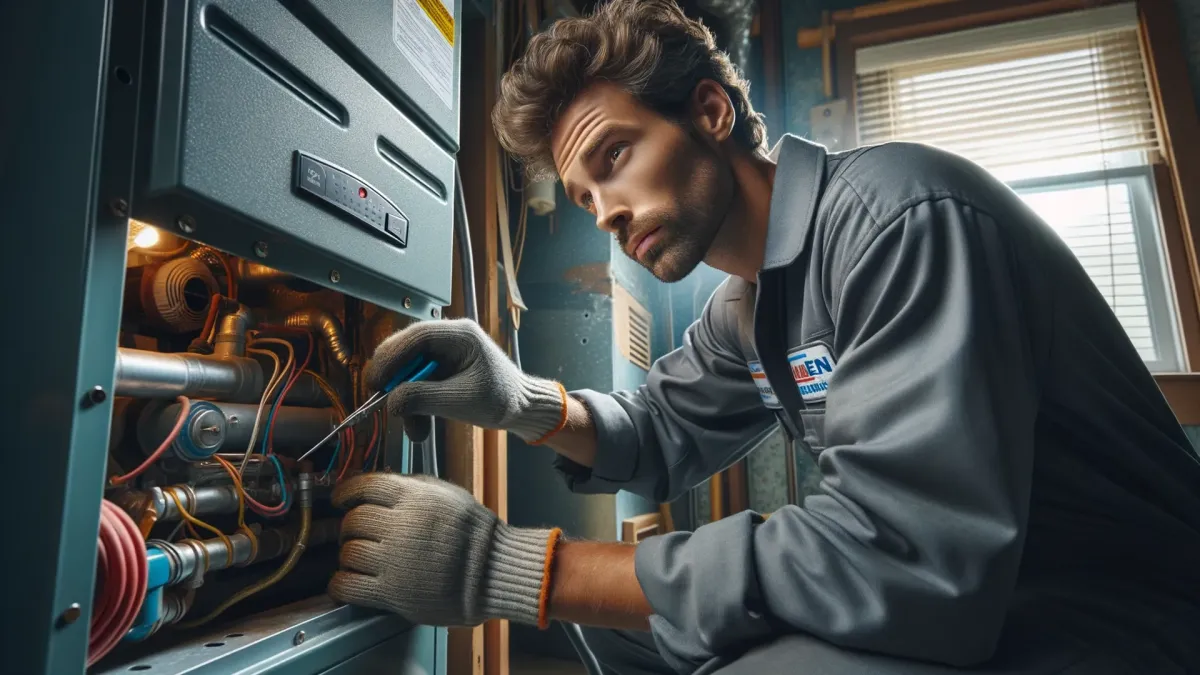 apro hvac tech working on a residential furnace