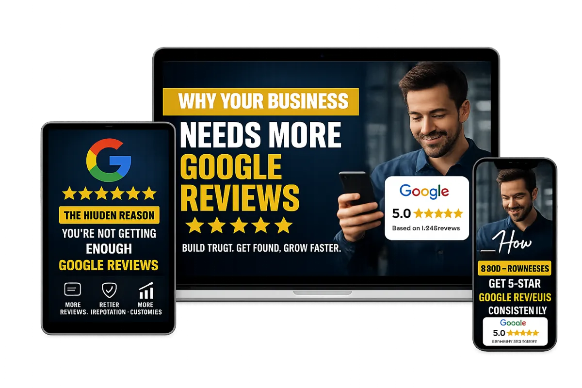 5 star Google reviews management laptop mockup helping local businesses attract loyal customers and increase online trust daily.