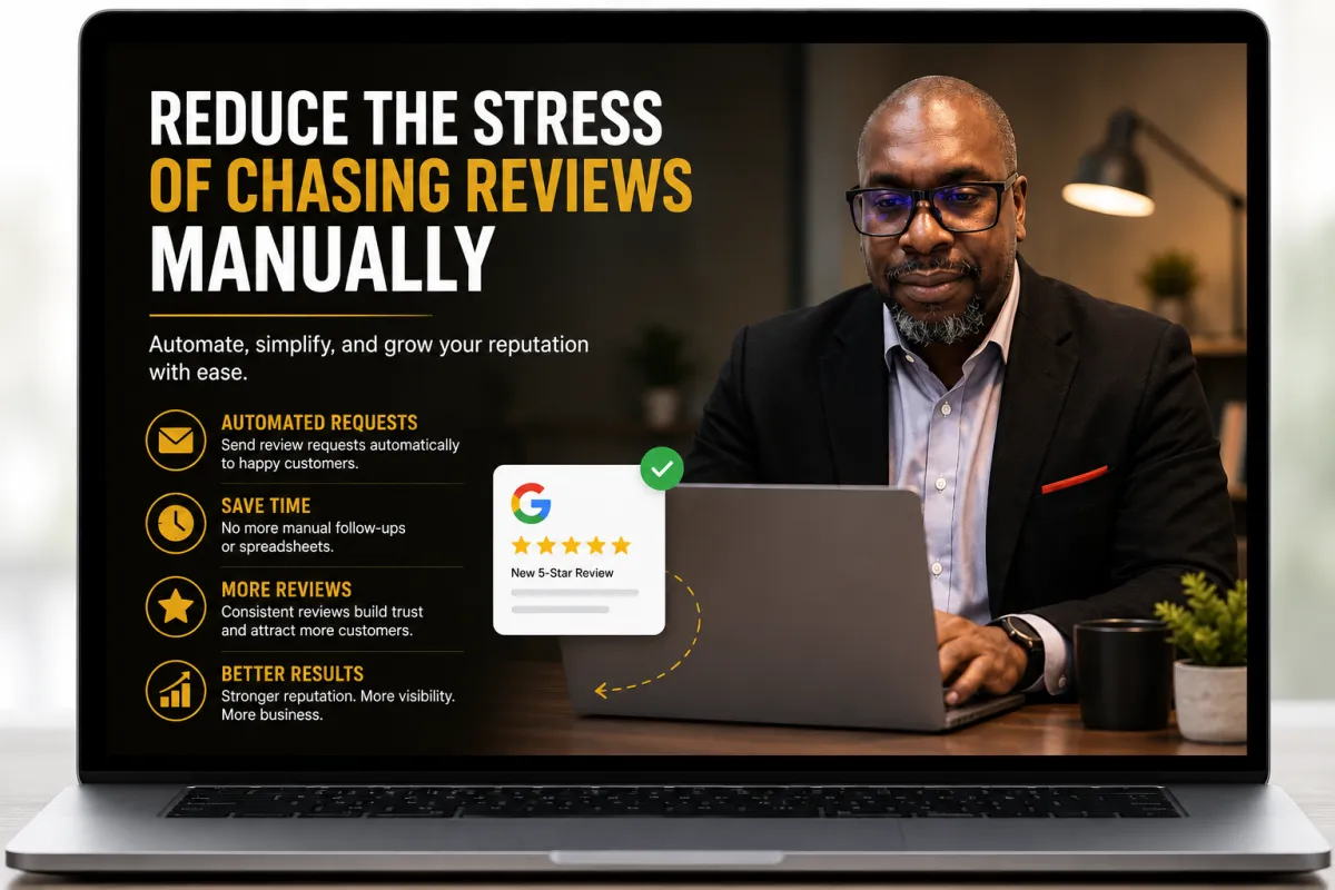Professional consultant promoting Google review management service helping businesses automate customer feedback and increase online credibility consistently.