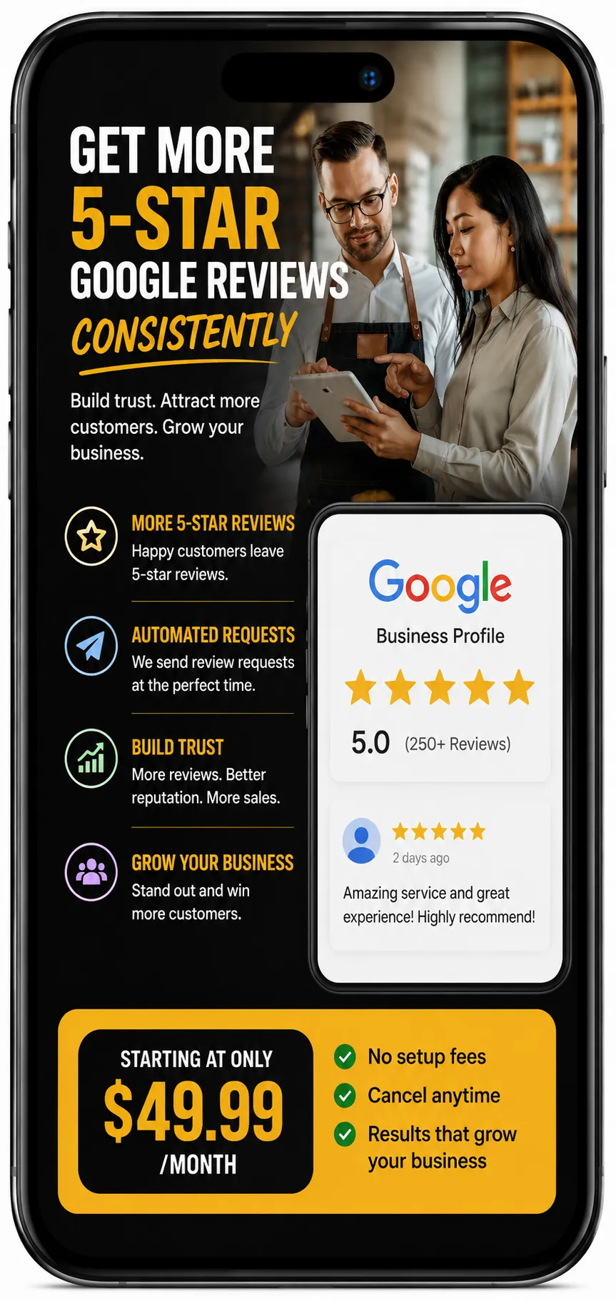 Professional laptop advertisement promoting Google review management services designed to improve rankings and customer trust online consistently.