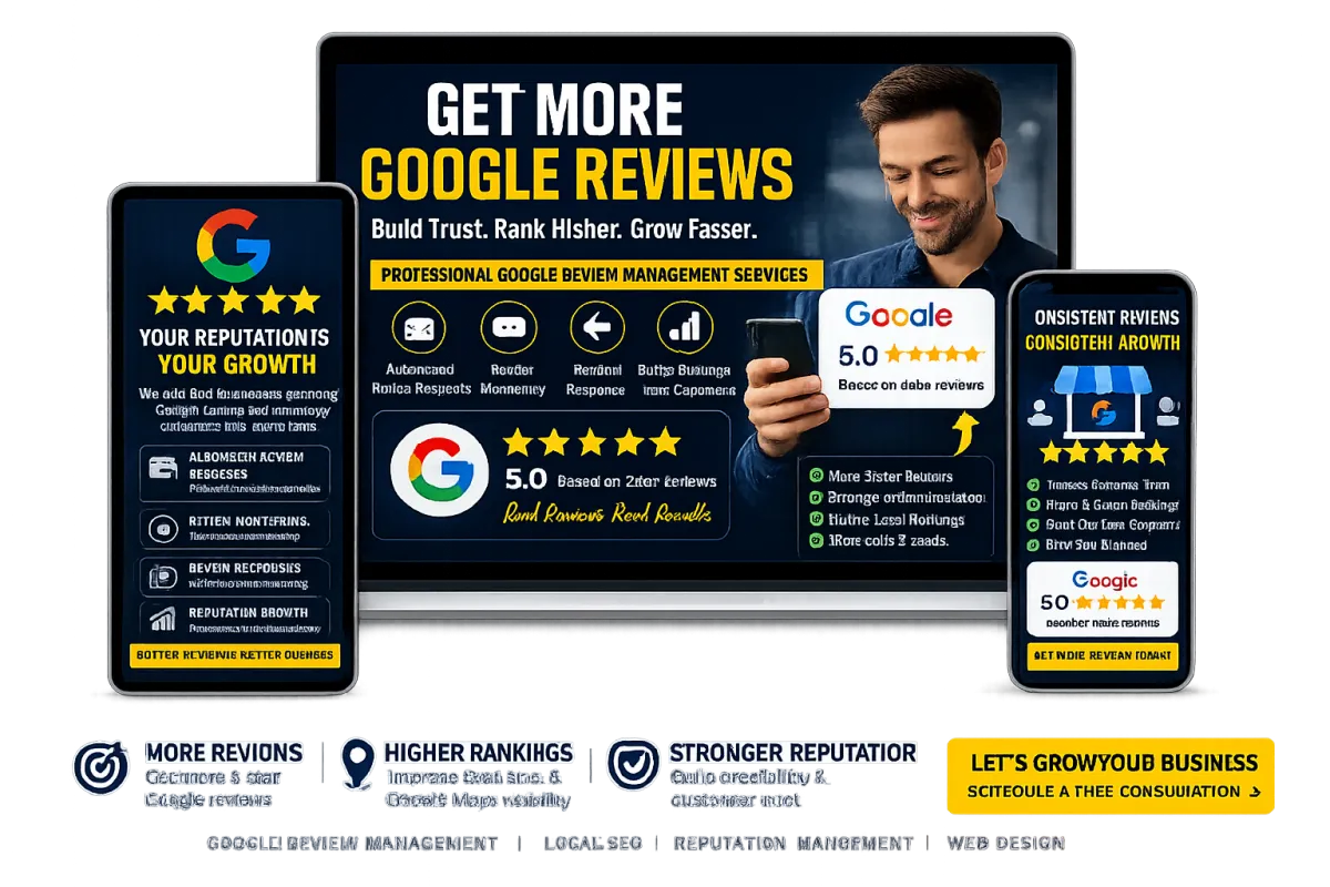5 star Google reviews management laptop mockup helping local businesses attract loyal customers and increase online trust daily.