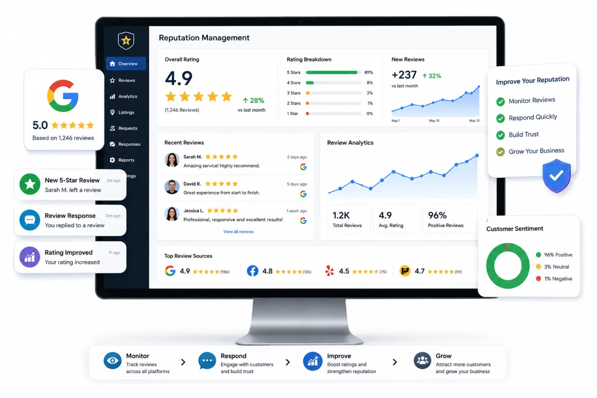 5 star Google reviews management laptop mockup helping local businesses attract loyal customers and increase online trust daily.