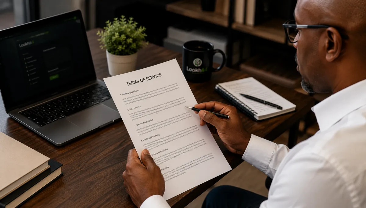 Terms of Service document on a clipboard surrounded by office supplies and a professional workspace.