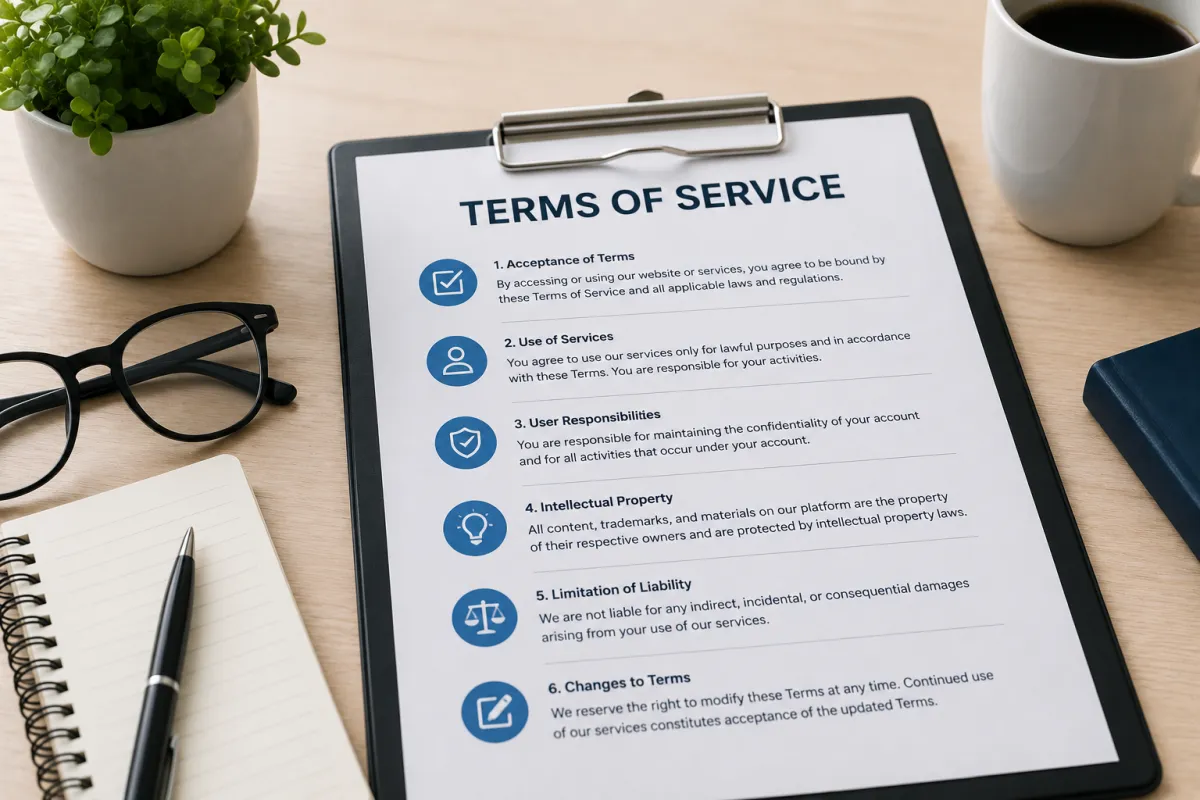 Business terms of service agreement on a clipboard in a clean office setting.