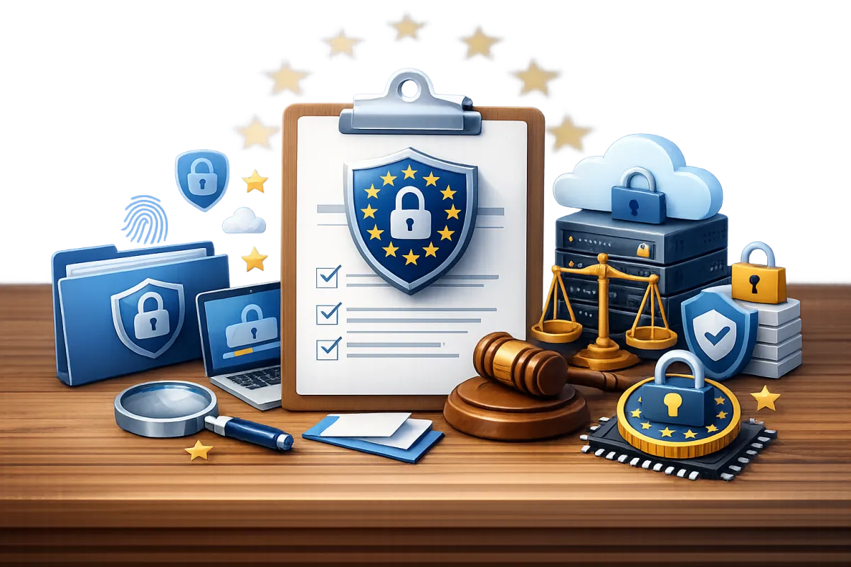 3D illustration of contact information and privacy policy updates with security shield and communication icons.