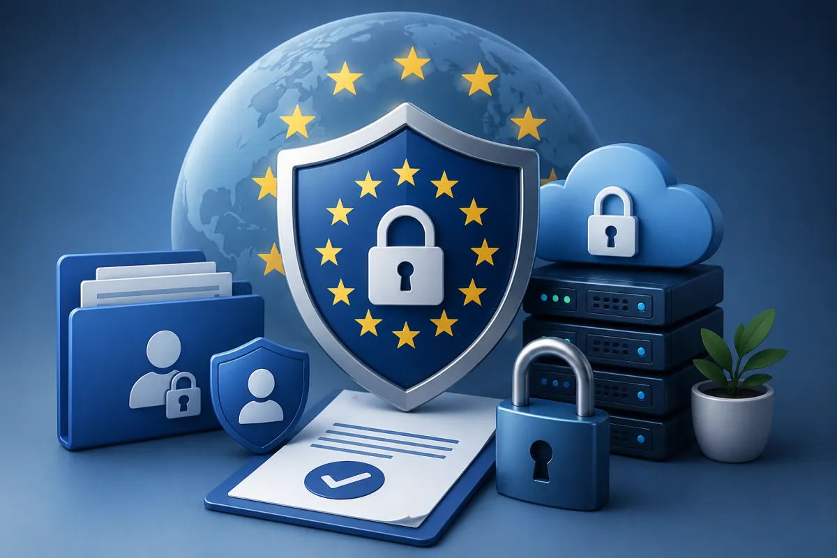 Blue privacy policy image featuring email, phone, and policy update symbols with data protection shield.