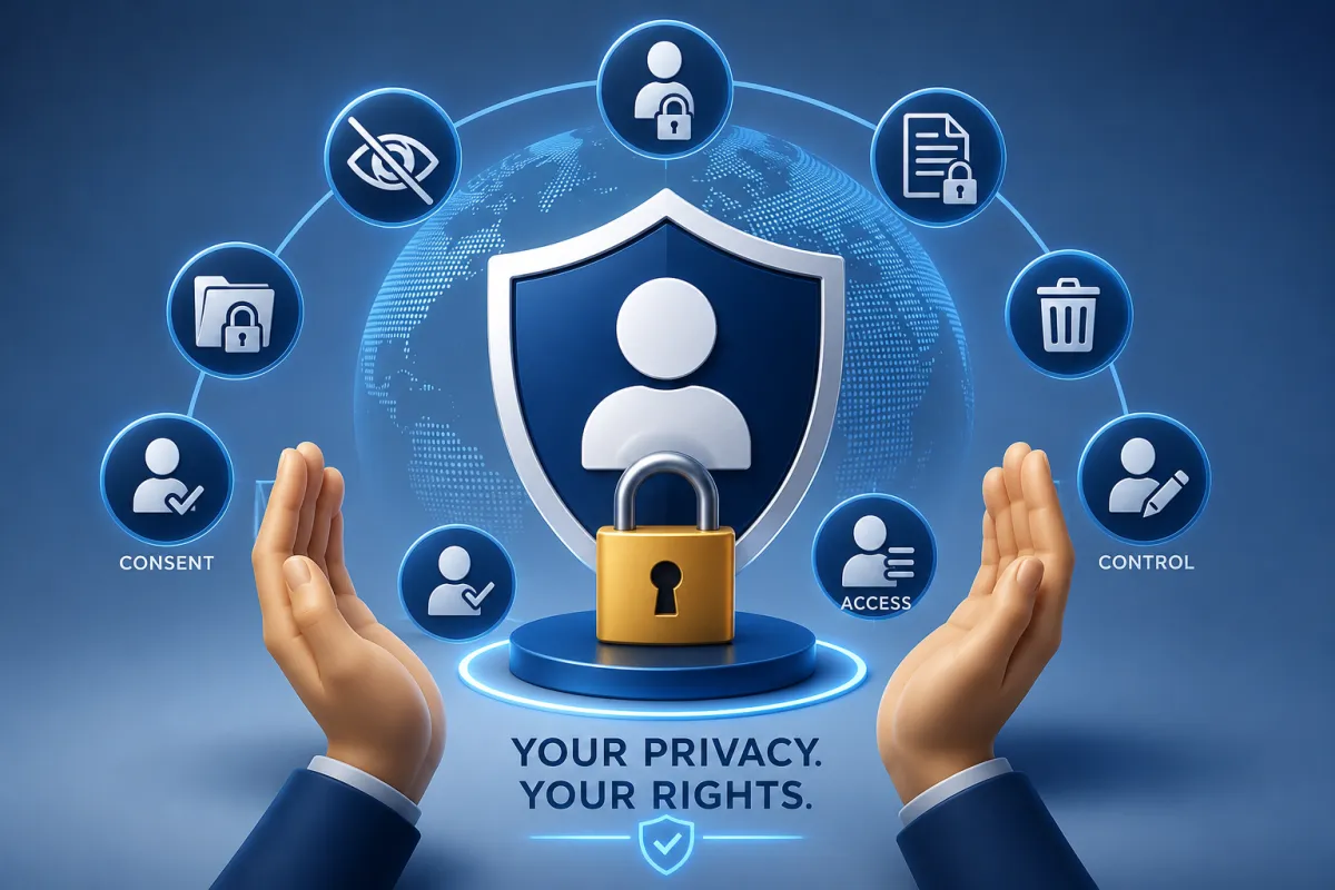 Digital privacy image with contact icons, notification bell, and data security shield.