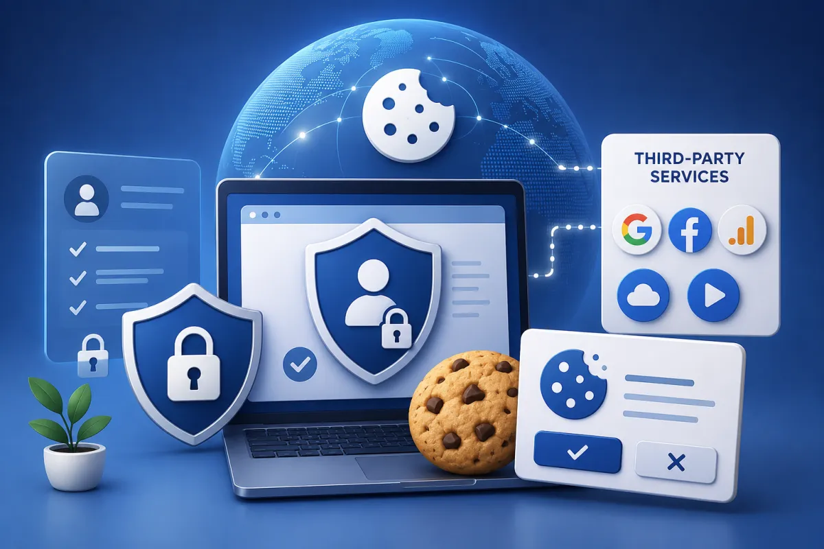 Data protection artwork featuring contact information, email updates, and policy notifications.