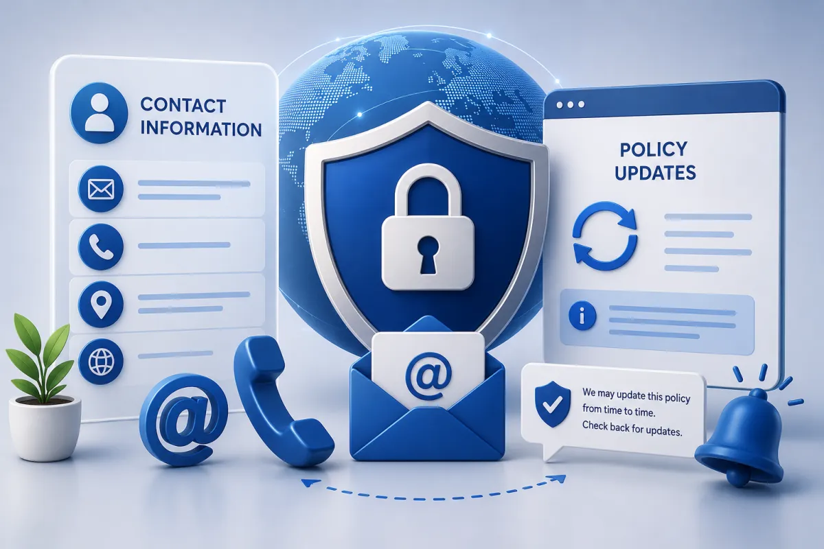 Privacy policy update concept with secure communication icons and website contact elements.