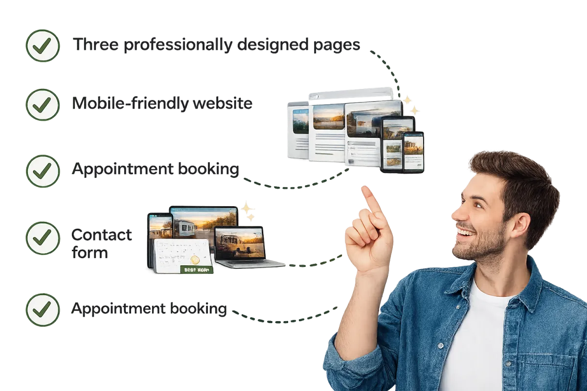 Business website homepage with clear call-to-action buttons.