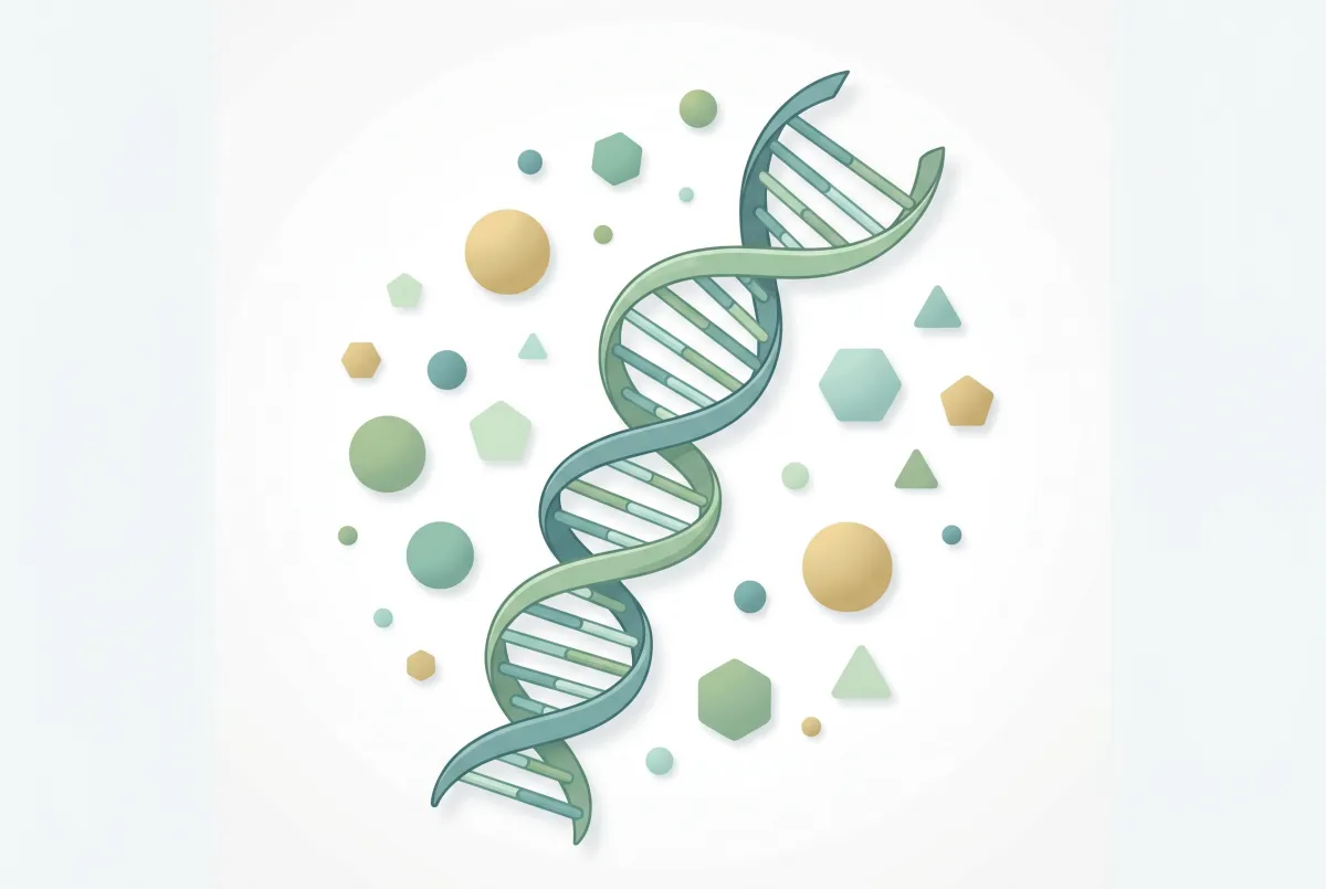 Abstrakte Darstellung einer DNA-Doppelhelix umgeben von Nährstoffmolekülen und grünen Blättern — Symbolbild für den Zusammenhang zwischen Epigenetik und personalisierter Ernährung