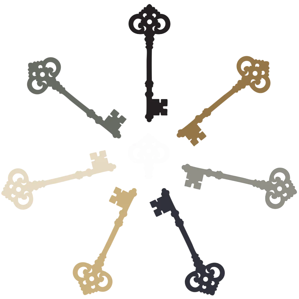 Seven symbolic keys arranged in a circle representing the Life Unlimited Seven Keys™ framework for alignment, clarity, and purposeful growth