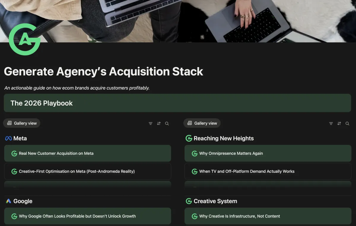 Generate Agency 2026 Ecommerce Acquisition Stack playbook dashboard