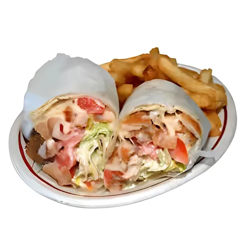 Freshly made chicken wrap filled with grilled chicken, lettuce, tomatoes, and sauce, served with crispy golden fries on a plate.