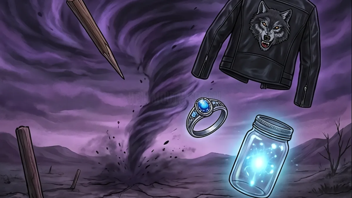 iconic symbols from all four shows—a wooden stake, a leather jacket with a wolf crest, a daylight ring, and a jar of glowing blue liquid—all swirling into a purple and black vortex that looks like a literal Hellmouth
