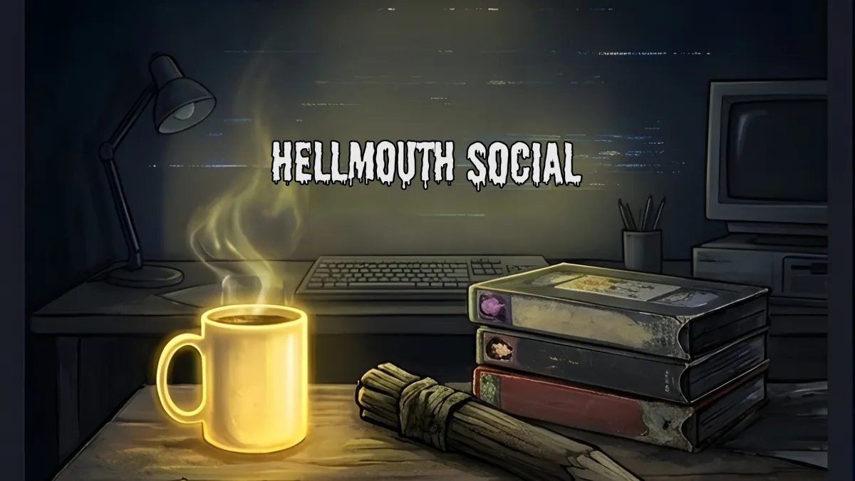 a Xennial workspace where a glowing coffee mug sits next to a stack of weathered VHS tapes and a tactical wooden stake. The background features a faint, holographic "Hellmouth Social" logo (in yellow spooky letter) flickering like a glitchy 90s television signal.