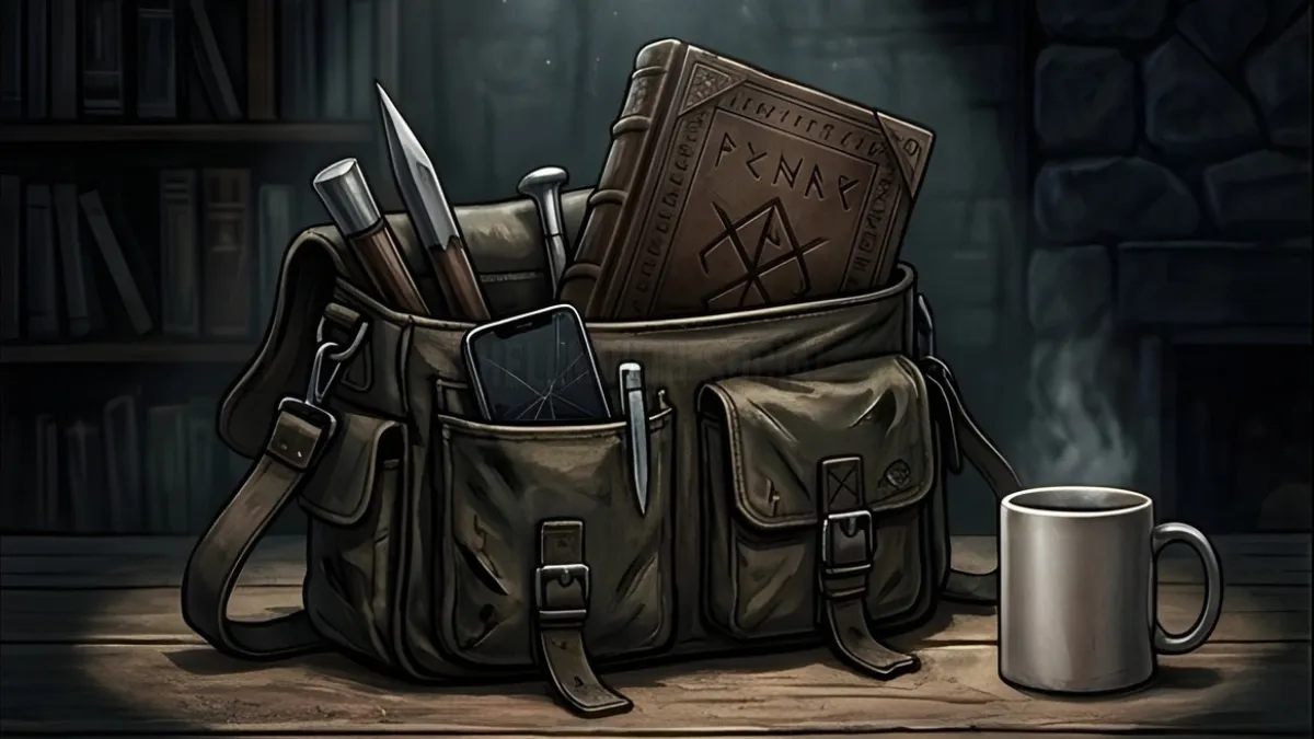 weathered tactical leather bag sitting on a dark wooden table, overflowing with a mix of silver stakes, a cracked smartphone, and a heavy ancient tome. A single coffee mug with a "crossed stakes" logo sits next to it, illuminated by a sharp, moody spotlight.