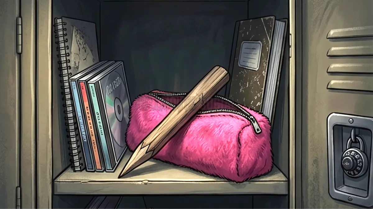 a mid-90s locker room where a wooden stake is tucked into a fuzzy pink pencil case next to a stack of CD jewel cases.