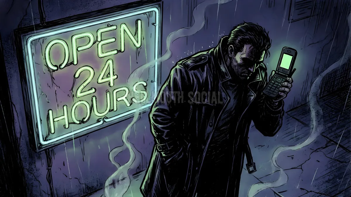 a brooding man in a long, black leather coat standing under a neon 'Open 24 Hours' sign, holding a flip phone