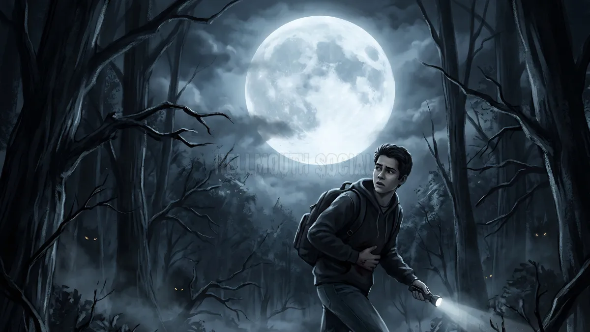 Teenage boy lost in the dark eerie wood under a full moon and sorrounded by the glowing eyes of werewolves