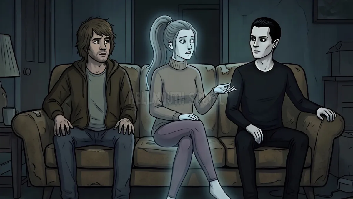 three roomates sitting on a sofa couch (in the living room), looking confused and bewildered. The roommate on the left end is a brown-haired man with shaggy hair. The roommate in the middle is a ghost of a woman with long ponytail, wearing a sweater and yoga pants. The roommate on the right end is man with short black hair and very pale skin.
