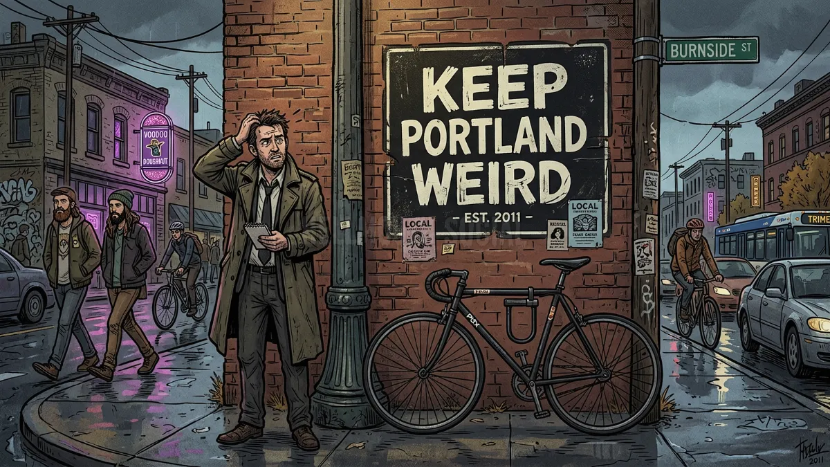 a modern-day 2011-era Portland street corner with a "Keep Portland Weird" sign, a fixed-gear bicycle, and a very confused man (in his 30s) in a detective’s trench coat.