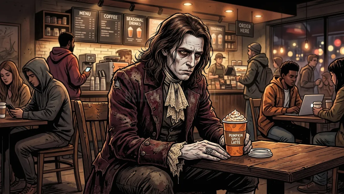 a brooding, pale-skinned man (long brown hair and hazel eyes) in 18th-century velvet jacket (tattered with stains and dust) sitting in a modern-day Starbucks, staring miserably at a pumpkin spice latte.