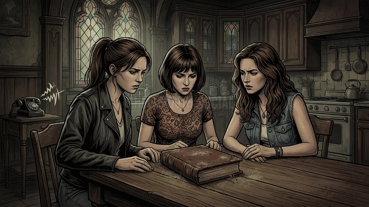 three stylish brunette 30-year old women (with diverse hairstyles: ponytail, bob cut, long waves) in late-90s fashion—standing in a wood-paneled Victorian kitchen, staring suspiciously at a dusty, leather-bound book while a rotary phone rings in the background.