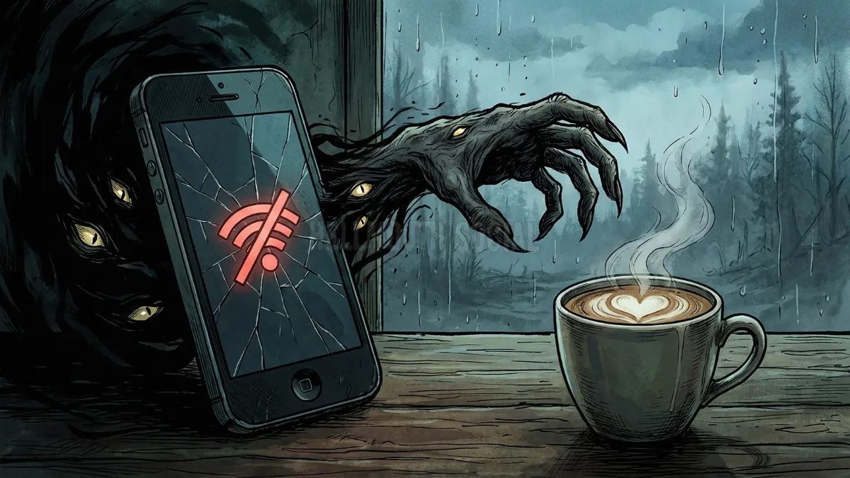 a mid-2010s era smartphone with a cracked screen, displaying a "No Signal" icon while a shadowy, monstrous hand reaches from behind it towards a latte.