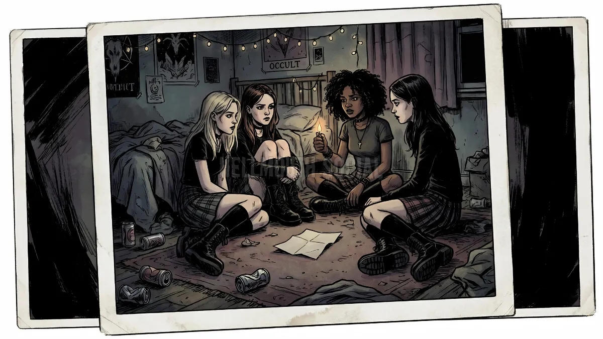 a Polaroid photo showing four female teenagers (three White-Americans and one Black-American) in plaid skirt uniforms and combat boots, sitting in a circle on a messy bedroom floor littered with empty soda cans and a folded paper.