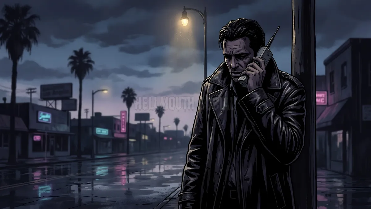 a moody, trench-coat-wearing guy standing under a flickering streetlamp in L.A., holding a massive brick-style cell phone while looking deeply anguished by the concept of feelings.