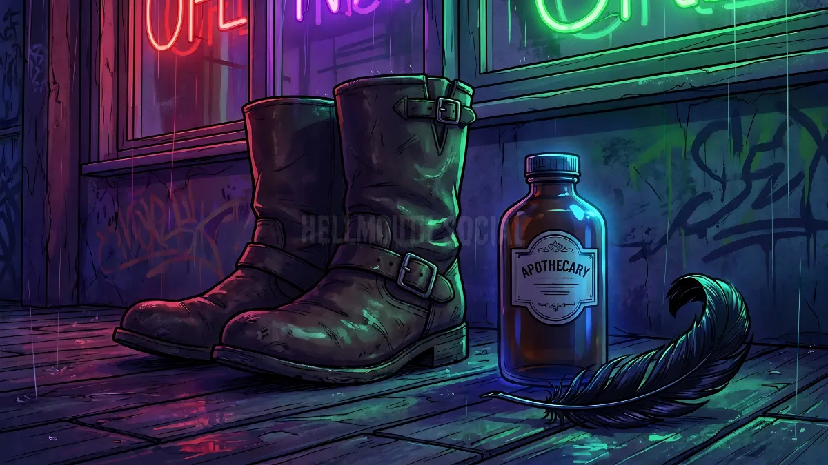 edgy, neon-soaked, a pair of weathered leather boots resting next to a bottle of high-end ibuprofen and a single, dramatic black feather.