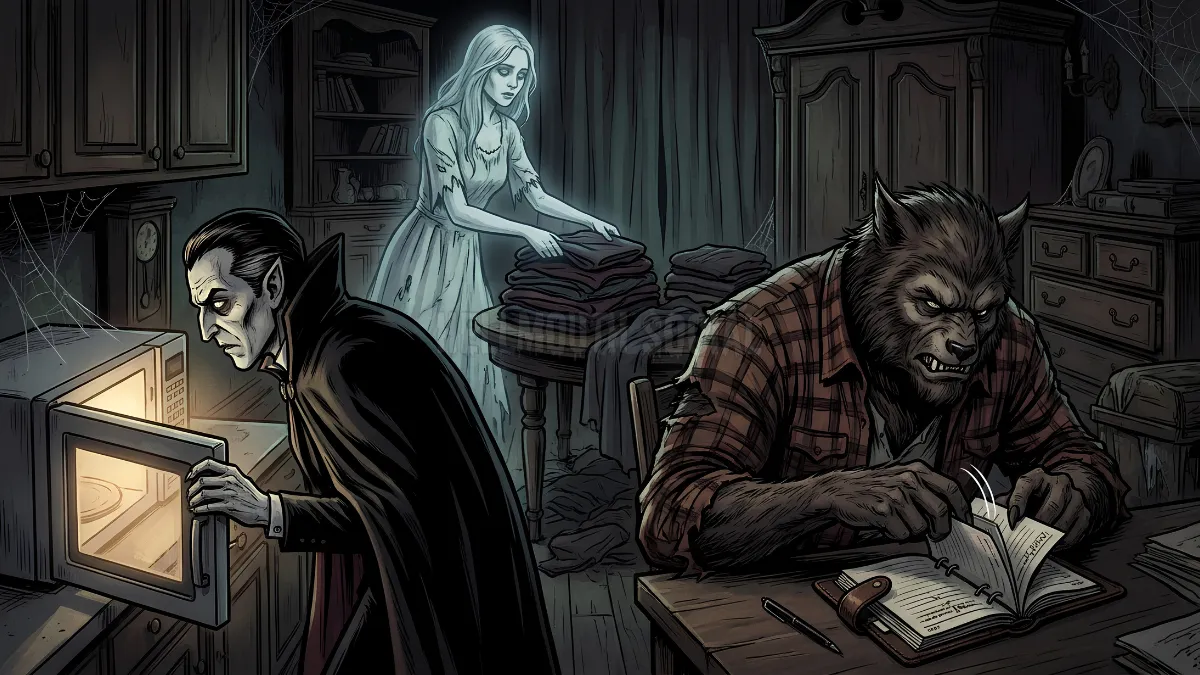 A female ghost is trying to fold laundry, a male vampire is staring at a microwave, and a male werewolf is aggressively checking a planner.