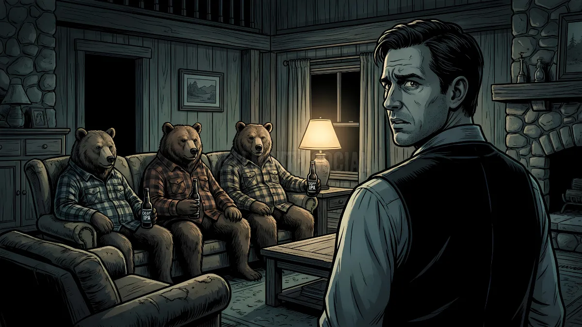 a modern 40-something man in a business casual vest, staring nervously at a family of literal bears wearing flannel shirts and drinking expensive craft IPAs in a rustic living room.