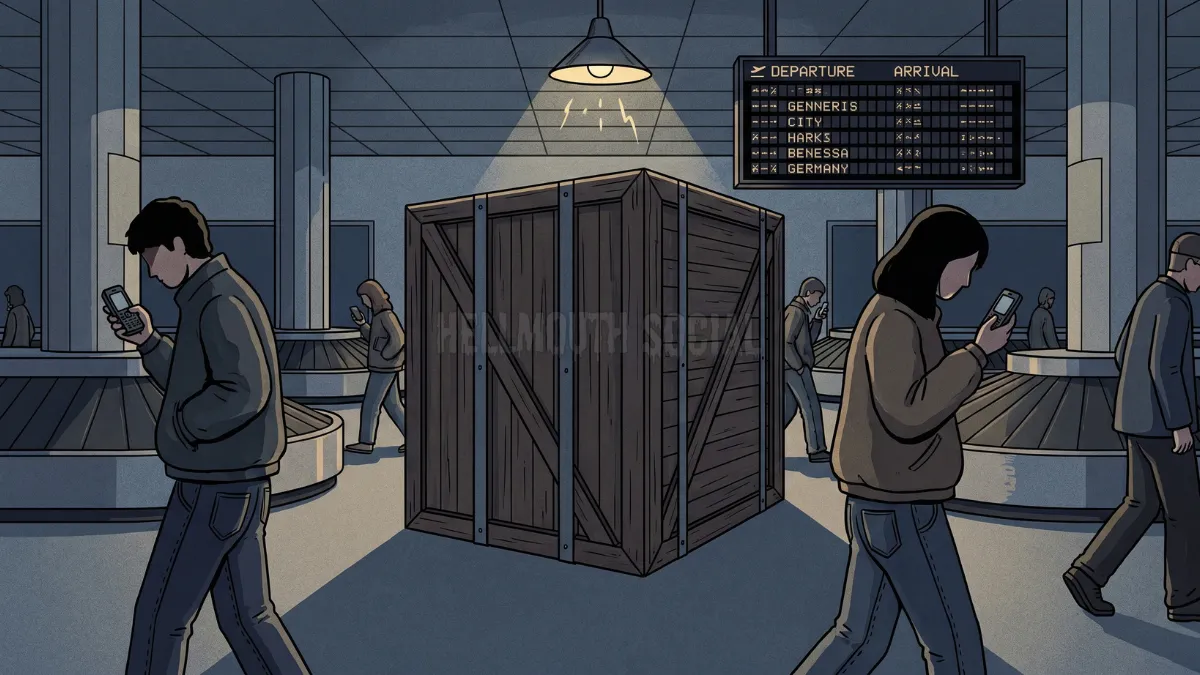 a 2010s flat-design style showing a giant, ominous wooden crate sitting in the middle of a busy airport terminal while commuters in low-rise jeans stares at their Blackberrys.