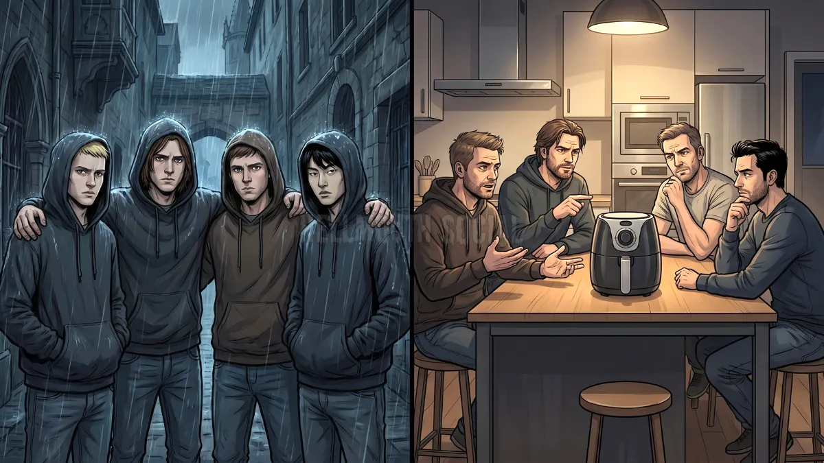 split screen of four brooding 20-year-old Caucasian men (one blond short hair, one brown mid-length hair, one short brown hair, and one black short hair) in 2006-era hoodies standing in a dramatic rainstorm, while their 2026 40-year old counterparts sit in a brightly lit kitchen debating the merits of an air fryer.